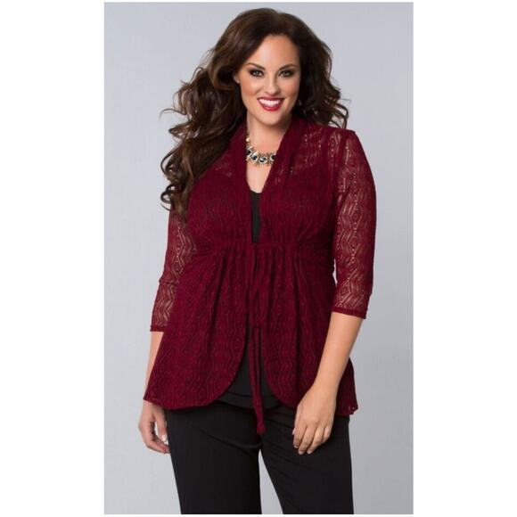 Kiyonna Top Cardigan 2X Bohemian Crochet Bellini Maroon Red Open Front Packable - Picture 1 of 5